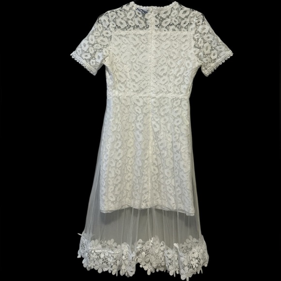 White Lace Midi Dress with Tulle Overlay - Picture 3 of 4